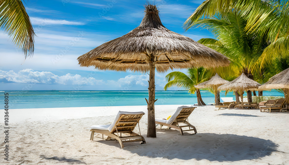 Fototapeta premium tropical beach scene featuring a straw umbrella paired with lounge chairs, set on pristine white sand with palm trees in the distance. The rustic texture of the straw contrasts beautifully with the 