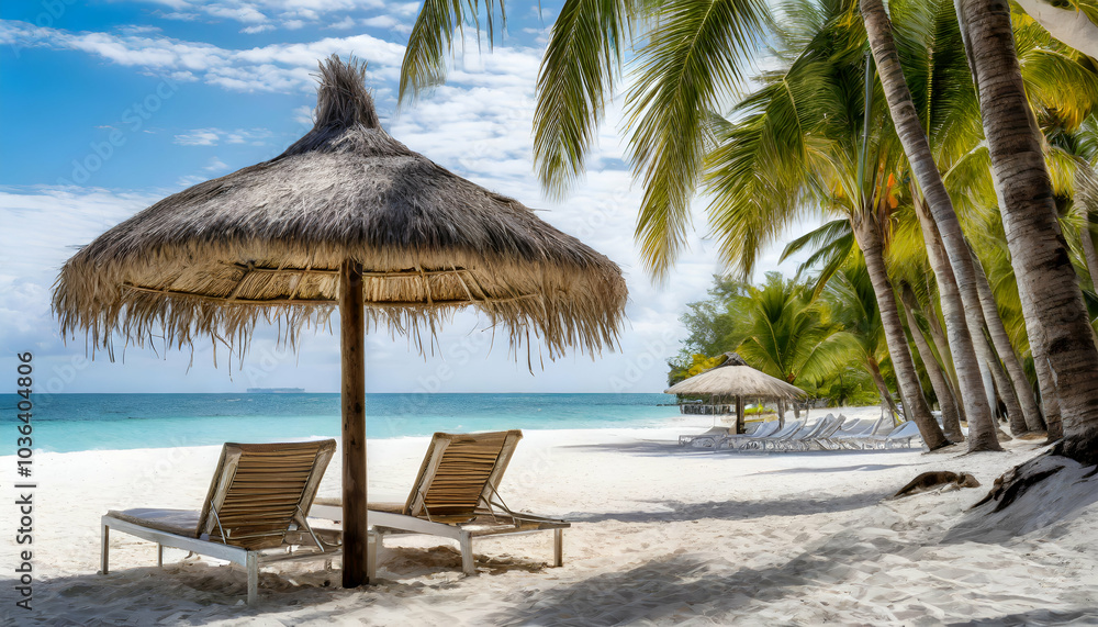 A tropical beach scene featuring a straw umbrella paired with lounge chairs, set on pristine white sand with palm trees in the distance. The rustic texture of the straw contrasts beautifully with the A tropical beach scene featuring a straw umbrella paired with lounge chairs, set on pristine white sand with palm trees in the distance. The rustic texture of the straw contrasts beautifully with the