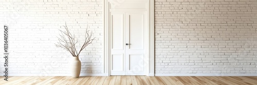 Minimalist interior, bright sunlit room, white brick walls, wooden floor, bare tree in vase, large blank canvas, empty space, modern design, clean aesthetics, natural light, shadows, simplicity, zen a