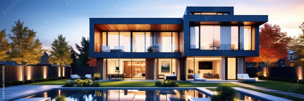 Modern luxury villa, contemporary architecture, wood and glass facade, cubic design, two-story house, large windows, evening lighting, manicured garden, landscape lighting, reflective pool, autumn tre Modern luxury villa, contemporary architecture, wood and glass facade, cubic design, two-story house, large windows, evening lighting, manicured garden, landscape lighting, reflective pool, autumn tre
