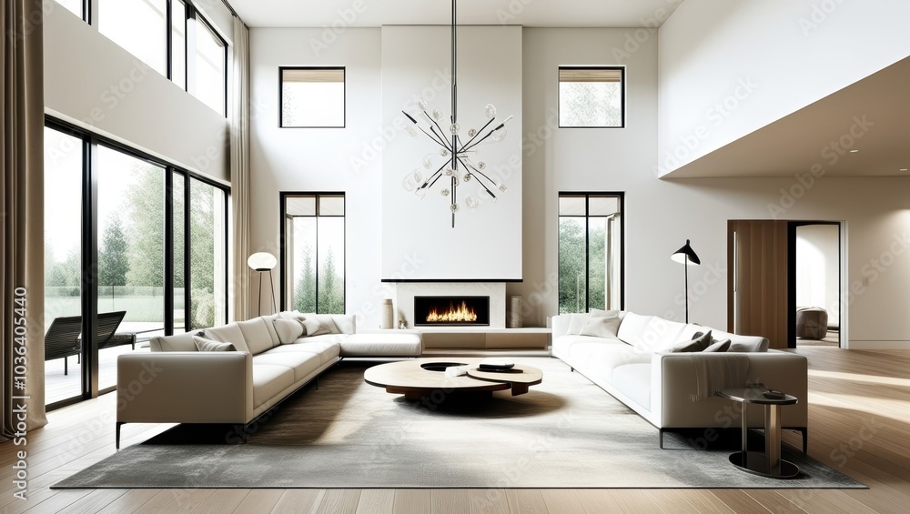 Minimalist luxurious living room, spacious interior, floor-to-ceiling windows, natural light, white walls, wooden flooring, modern white sectional sofa, abstract chandelier, contemporary fireplace, ne Minimalist luxurious living room, spacious interior, floor-to-ceiling windows, natural light, white walls, wooden flooring, modern white sectional sofa, abstract chandelier, contemporary fireplace, ne