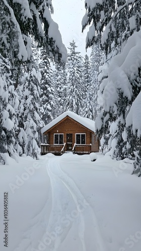 77. A cozy cabin in a snowy landscape, surrounded by tall pine trees