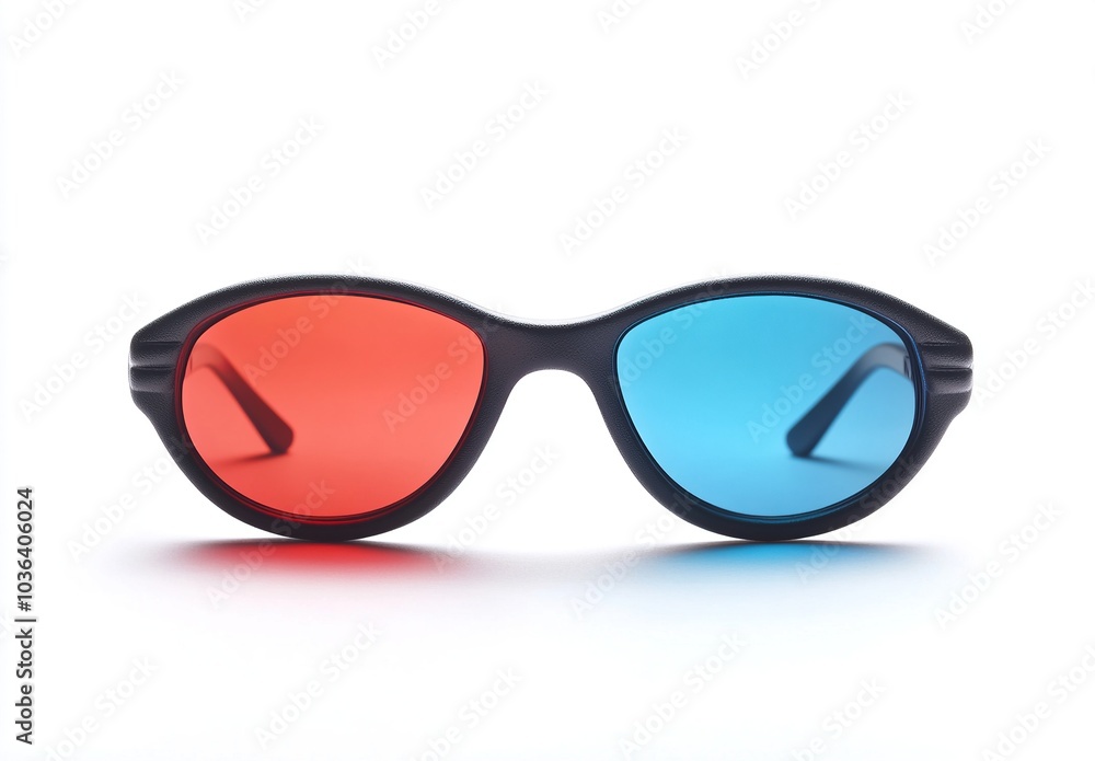 3D glasses with red and blue lenses on a white background, no shadows, isolated 3D glasses with red and blue lenses on a white background, no shadows, isolated