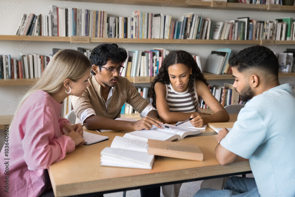 Multiethnic team of focused smart hardworking students reading textbook in library together, studying and discussing scientific article, pointing pens at page, working on group report, research paper Multiethnic team of focused smart hardworking students reading textbook in library together, studying and discussing scientific article, pointing pens at page, working on group report, research paper