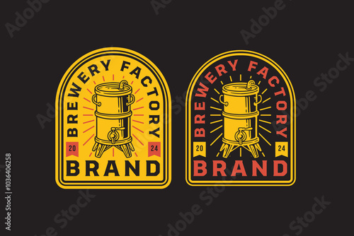 brewing machine with tank barrel filtration, boiling, distillery retro badge logo design for beer, crafting. tube and copper production beer emblem logo collection for brewery factory and industry