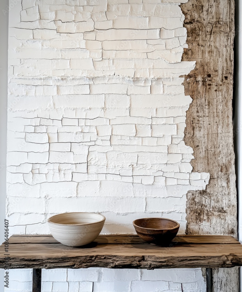 Textured white brick wall, cracked paint layers, rustic wooden shelf, minimalist ceramic bowls, earthy tones, industrial chic, wabi-sabi aesthetic, peeling texture, contrast of materials, architectura Textured white brick wall, cracked paint layers, rustic wooden shelf, minimalist ceramic bowls, earthy tones, industrial chic, wabi-sabi aesthetic, peeling texture, contrast of materials, architectura