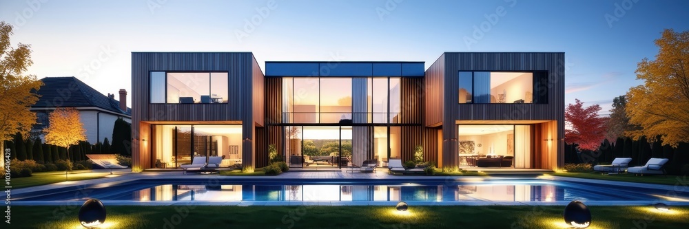 Modern luxury villa, contemporary architecture, wood and glass facade, cubic design, two-story house, large windows, evening lighting, manicured garden, landscape lighting, reflective pool, autumn tre Modern luxury villa, contemporary architecture, wood and glass facade, cubic design, two-story house, large windows, evening lighting, manicured garden, landscape lighting, reflective pool, autumn tre