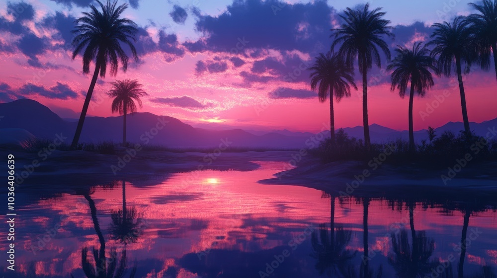 Sunset over Palm Trees and a Calm Lake Sunset over Palm Trees and a Calm Lake
