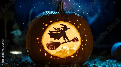 Carved pumpkin with a witch s silhouette flying on a broomstick, glowing under a starry sky. photo