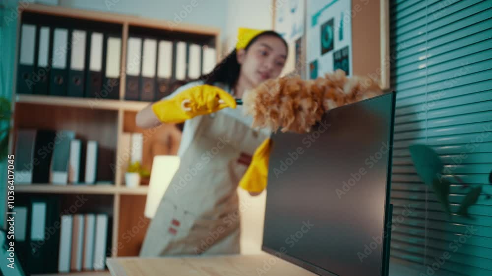 Young woman wearing gloves and an apron dusts a desktop computer screen in an office, ensuring a clean and hygienic workspace while maintaining a professional environment