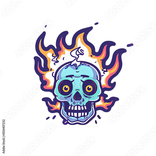 Colorful Skull with Flames and Cartoon Style