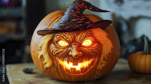 Pumpkin with a detailed witch s face carved, her glowing eyes and hat illuminated. photo