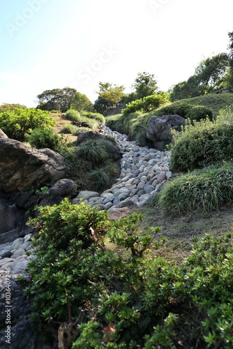 Karetaki (waterfall and river made of stones) in Kiyosumi Garden, Tokyo, Japan