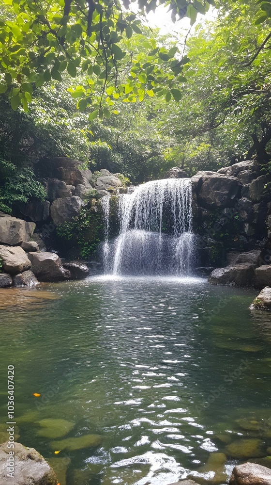 Naklejka premium 92. A serene waterfall cascading into a tranquil pool, surrounded by lush greenery