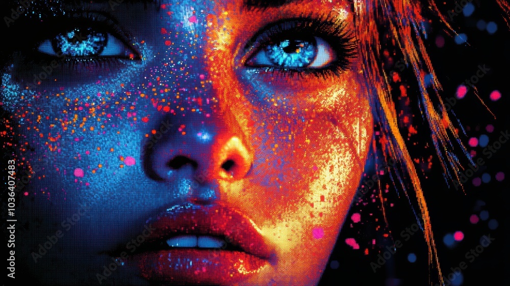pixel art of a woman's face getting covered in paint, black background, 90s video game graphics, retro sprites, dot art, pixel pushing, 16 bit. 3D render. hyper cyberpunk, picture for cover magazine. pixel art of a woman's face getting covered in paint, black background, 90s video game graphics, retro sprites, dot art, pixel pushing, 16 bit. 3D render. hyper cyberpunk, picture for cover magazine.
