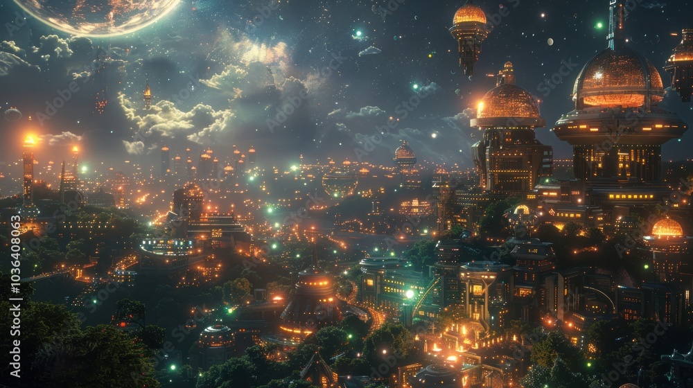 A Nighttime View of a Futuristic Cityscape A Nighttime View of a Futuristic Cityscape
