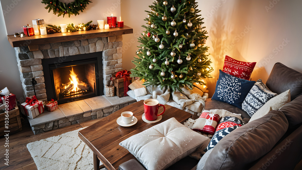 Fototapeta premium Cozy Christmas Living Room with Fireplace Festive Decor and Holiday Cheer Amidst a Charming Winter Scene