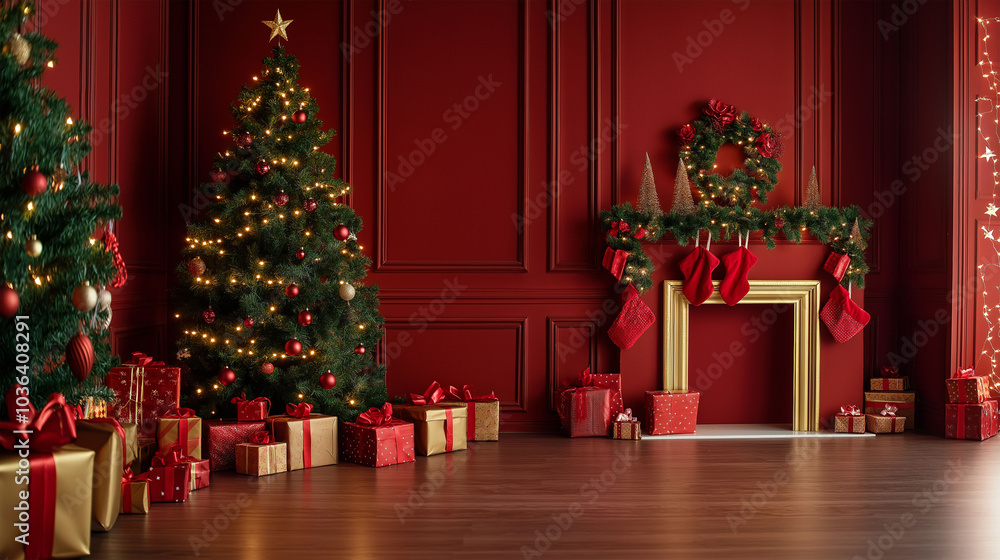 New Year at the fireplace with red gifts and a Christmas tree with Christmas decorations New Year at the fireplace with red gifts and a Christmas tree with Christmas decorations