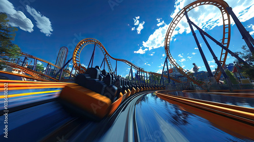 A high-speed roller coaster races along a sharp curve, with bright tracks creating a thrilling loop in the background. The rides empty seats convey the exciting energy of the roller coaster. photo