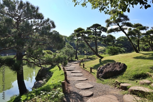 Step stones in Kiyosumi Garden, Tokyo, Japan