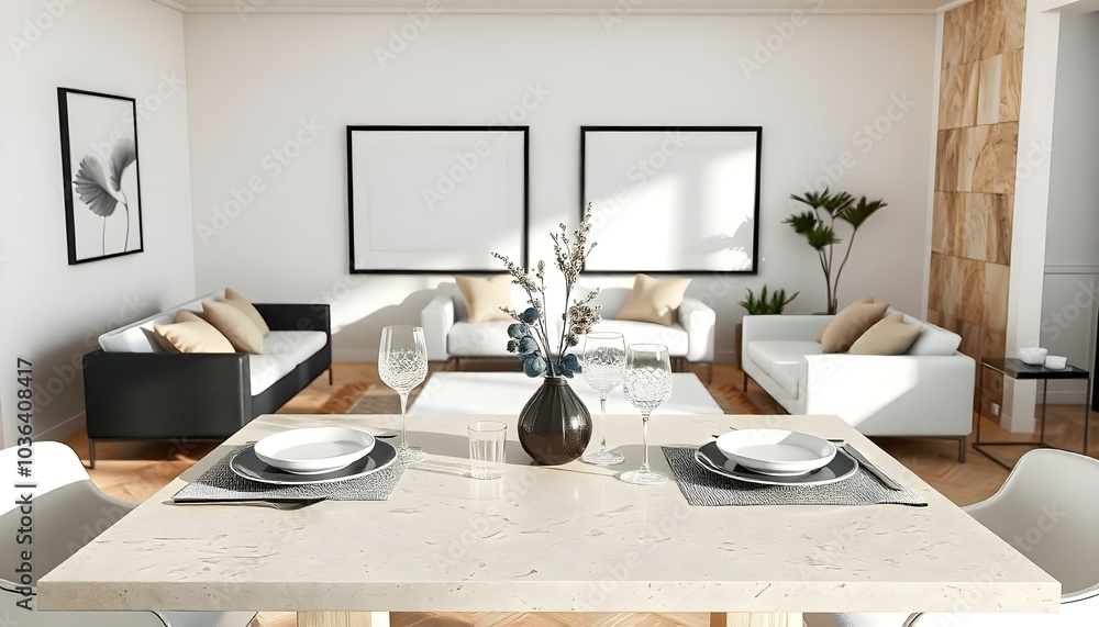 Poster frame mock up in modern home living room interior with white sofa and coffee table with decor, 3d render Poster frame mock up in modern home living room interior with white sofa and coffee table with decor, 3d render