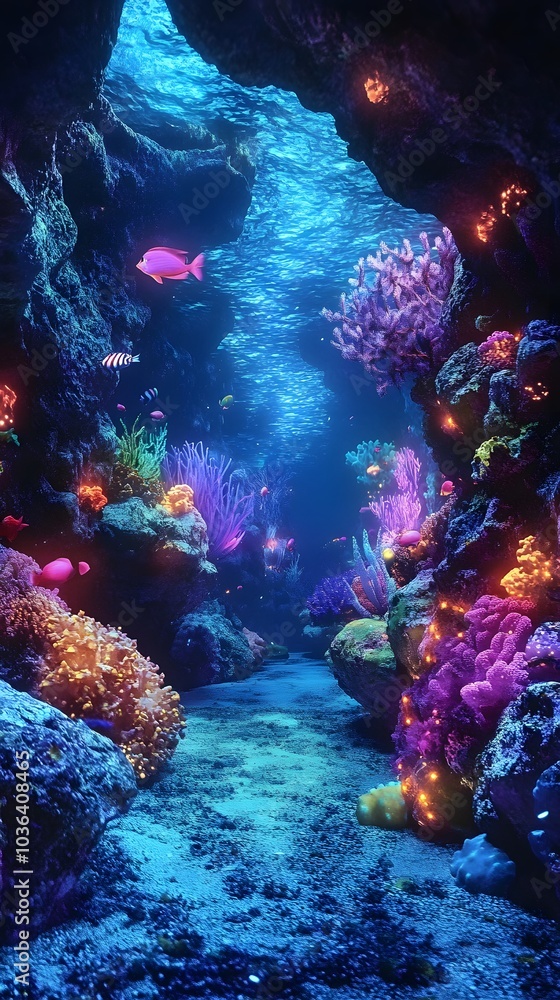 Obraz premium 107. A mystical underwater cave with glowing fish and colorful corals