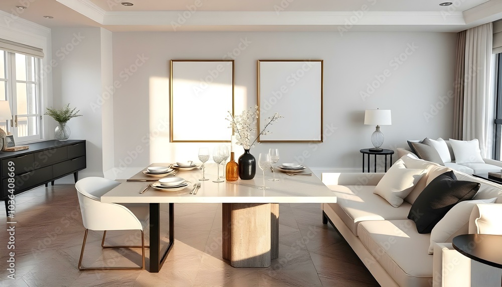 Poster frame mock up in modern home living room interior with white sofa and coffee table with decor, 3d render Poster frame mock up in modern home living room interior with white sofa and coffee table with decor, 3d render