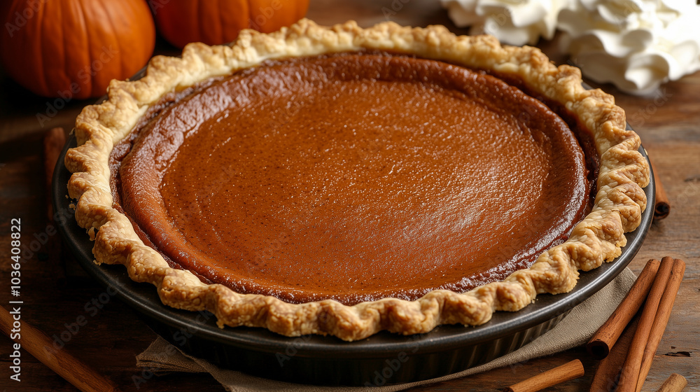 Traditional pumpkin pie with a rich, spiced filling and buttery crust, garnished with whipped cream and cinnamon sticks for a perfect holiday treat. Image made using Generative AI. Traditional pumpkin pie with a rich, spiced filling and buttery crust, garnished with whipped cream and cinnamon sticks for a perfect holiday treat. Image made using Generative AI.