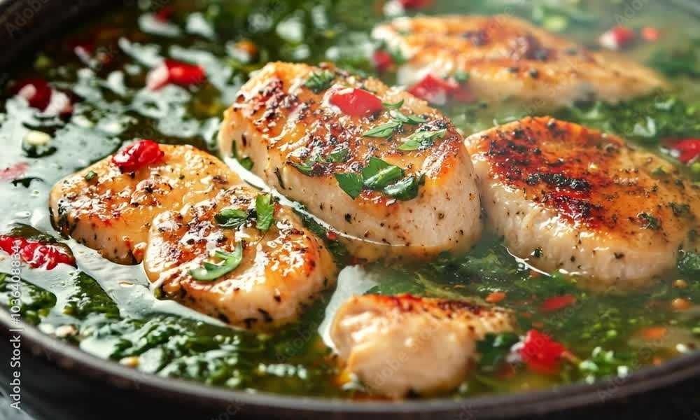 A flavorful dish of grilled fish in a vibrant green sauce. A flavorful dish of grilled fish in a vibrant green sauce.