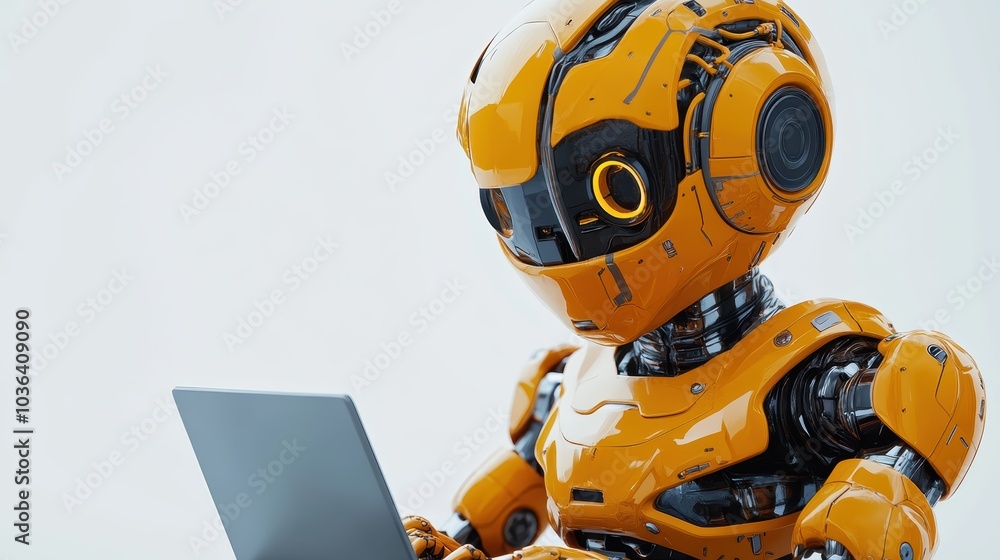 profile picture of a orange modern happy robot working on a laptop. White background. 3D render. hyper realistic, picture for cover magazine. profile picture of a orange modern happy robot working on a laptop. White background. 3D render. hyper realistic, picture for cover magazine.
