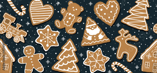 Christmas Seamless Border with Gingerbread Cookies. Banner. Gingerbread houses, deer, heart, Gingerbread Man, Star. Cute Background. Template. Vector illustration on Dark Blue Background