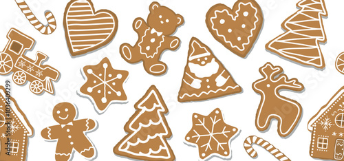 Christmas Seamless Border with Gingerbread Cookies. Banner. Gingerbread houses, deer, heart, Gingerbread Man, Star. Cute Background. Template. Vector illustration on White Background