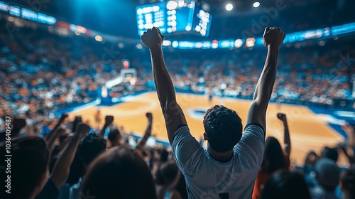 basketball fans in the stands, blurred background of an indoor court and crowd watching a game.