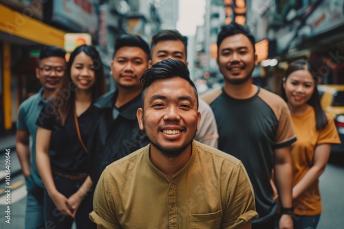 Group of Asian people walking together in the city. People lifestyle concept.