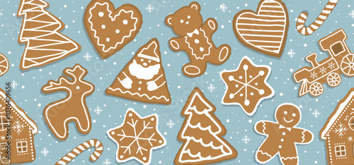 Christmas Seamless Border with Gingerbread Cookies. Banner. Gingerbread houses, deer, heart, Gingerbread Man, Star. Cute Background. Template. Vector illustration on Light Blue Background