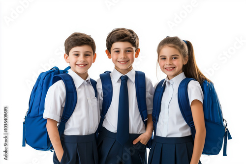 Two boys and one girl in school uniforms carrying backpack  isolated on white background.