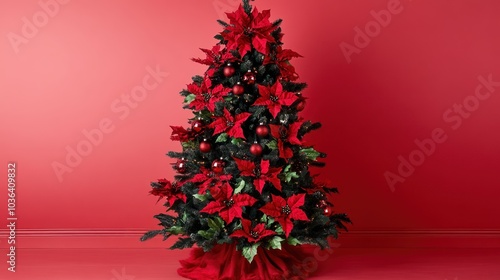 A Stunning Red and Black Christmas Tree Adorned with Glowing Ornaments and Vibrant Poinsettias for a Holiday Atmosphere. photo