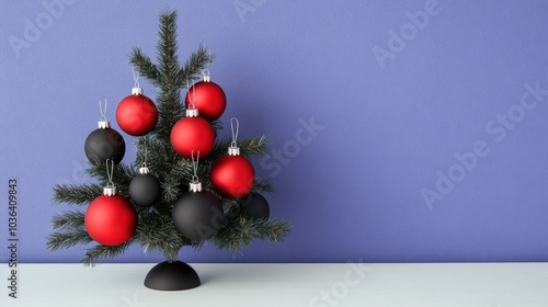 Elegant Red and Black Christmas Tree with Glowing Ornaments Against a Soft Purple Backdrop Celebrating the Joy of the Holiday Season photo