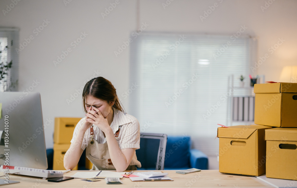 Stressed young asian woman is working from her home office, surrounded by cardboard boxes, feeling overwhelmed and desperate Stressed young asian woman is working from her home office, surrounded by cardboard boxes, feeling overwhelmed and desperate