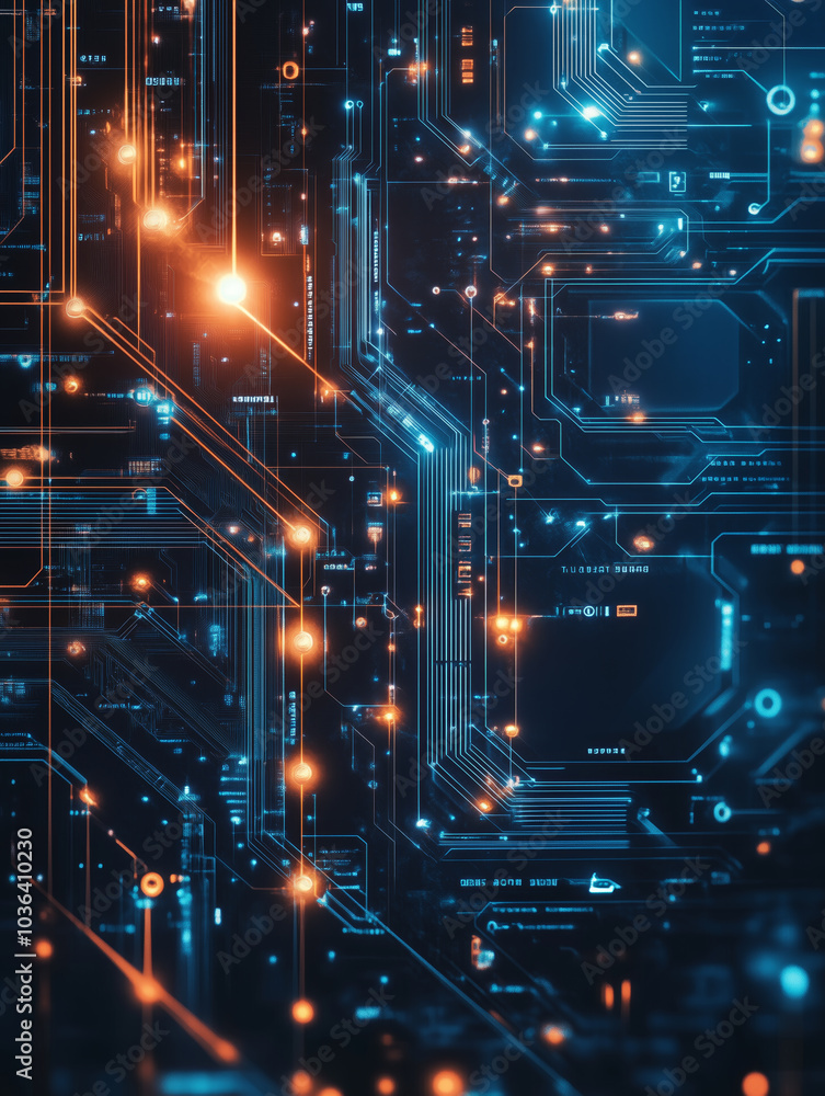 Digital Circuit Board with Blue and Orange Lights. Digital Circuit Board with Blue and Orange Lights.