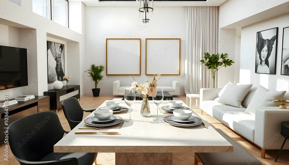 Poster frame mock up in modern home living room interior with white sofa and coffee table with decor, 3d render Poster frame mock up in modern home living room interior with white sofa and coffee table with decor, 3d render