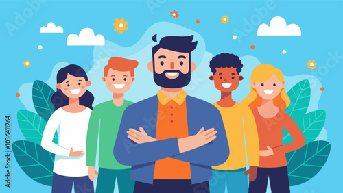 The man surrounds himself with supportive and positive individuals who uplift him.. Vector illustration
