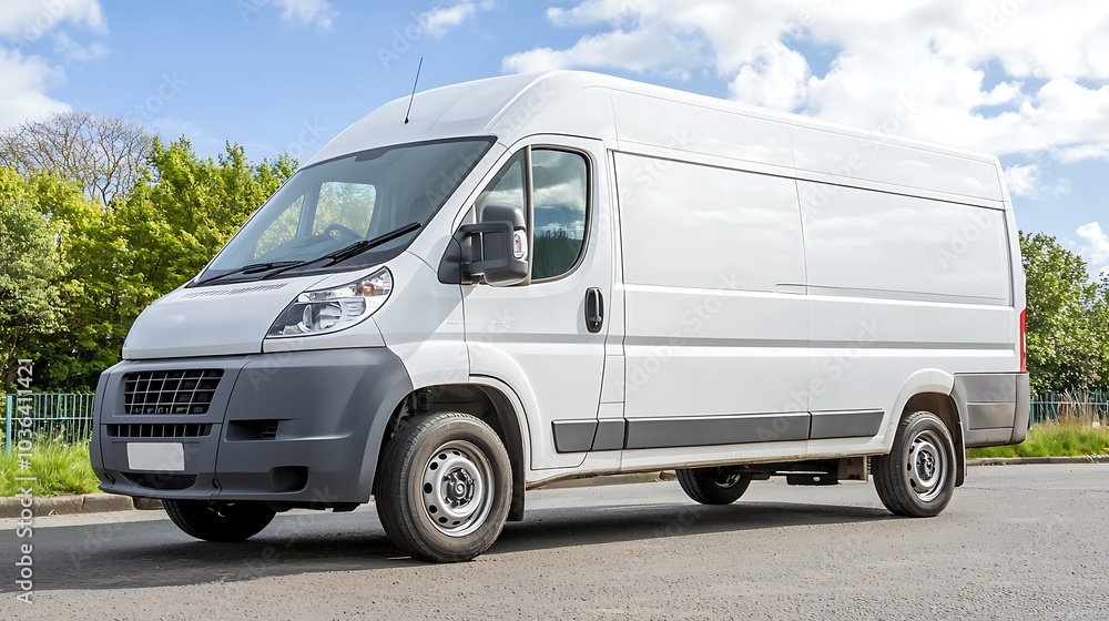 Fototapeta premium Sleek white delivery van parked on the street surrounded by lush green trees under a clear blue sky