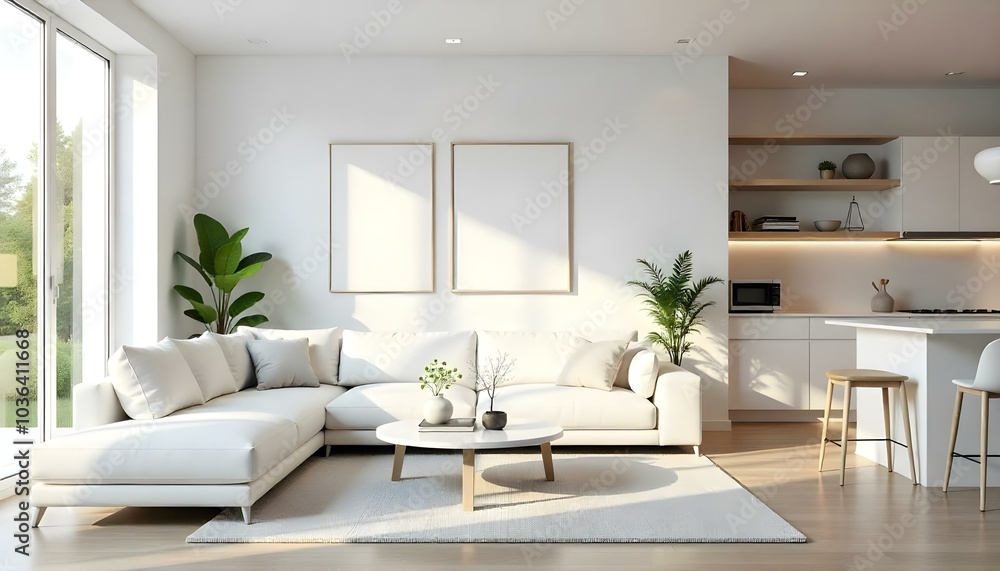 Poster frame mock up in modern home living room interior with white sofa and coffee table with decor, 3d render Poster frame mock up in modern home living room interior with white sofa and coffee table with decor, 3d render