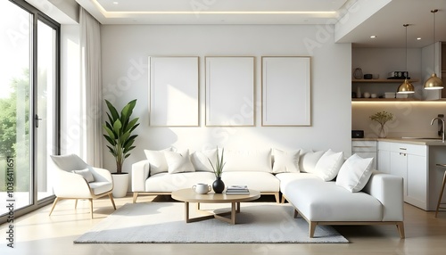 Wallpaper Mural Poster frame mock up in modern home living room interior with white sofa and coffee table with decor, 3d render Torontodigital.ca