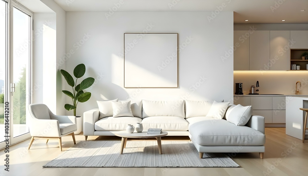 Poster frame mock up in modern home living room interior with white sofa and coffee table with decor, 3d render Poster frame mock up in modern home living room interior with white sofa and coffee table with decor, 3d render