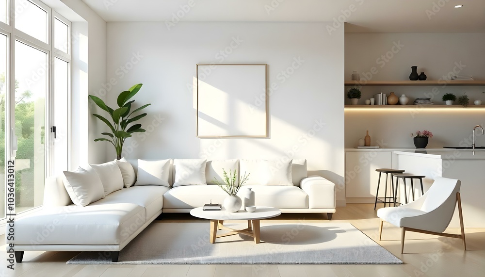 Poster frame mock up in modern home living room interior with white sofa and coffee table with decor, 3d render Poster frame mock up in modern home living room interior with white sofa and coffee table with decor, 3d render