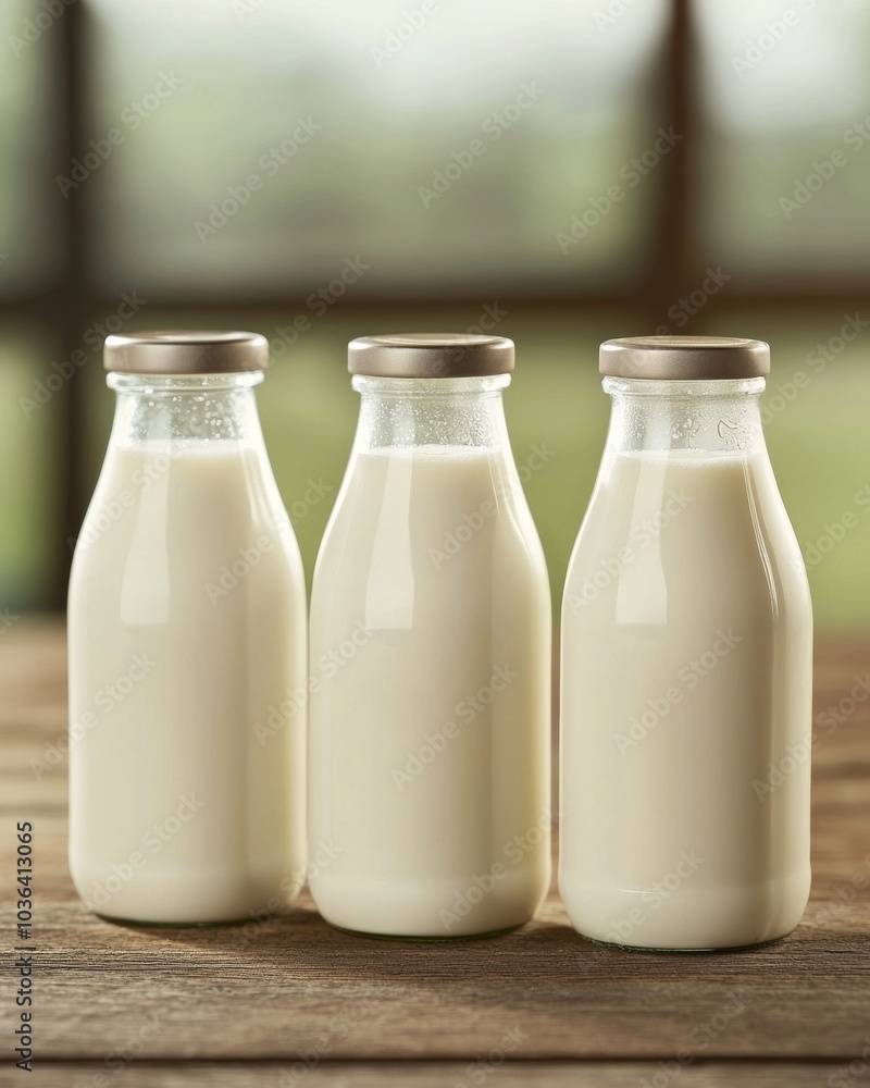 Fresh Milk Bottles on Wooden Table Fresh Milk Bottles on Wooden Table