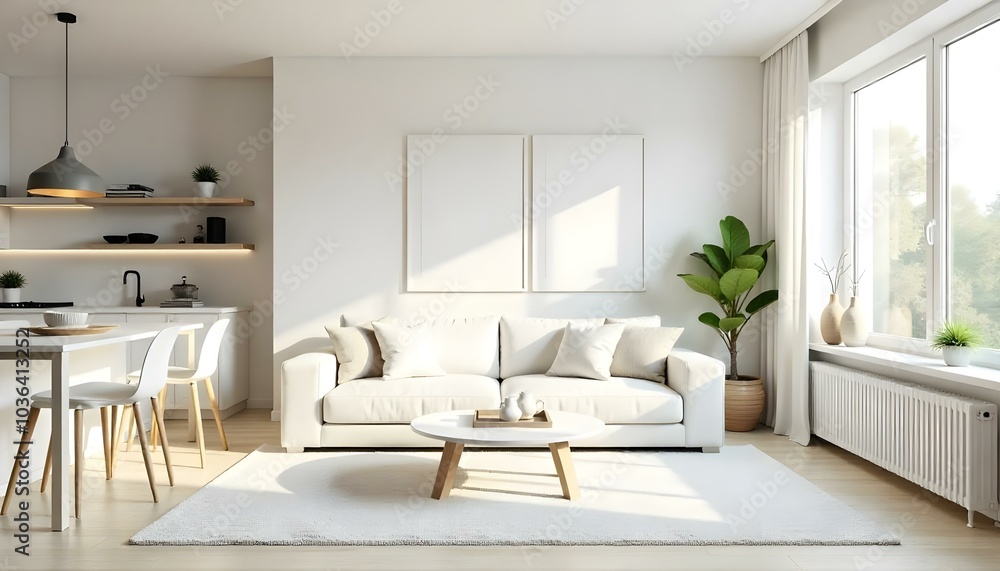 Poster frame mock up in modern home living room interior with white sofa and coffee table with decor, 3d render Poster frame mock up in modern home living room interior with white sofa and coffee table with decor, 3d render