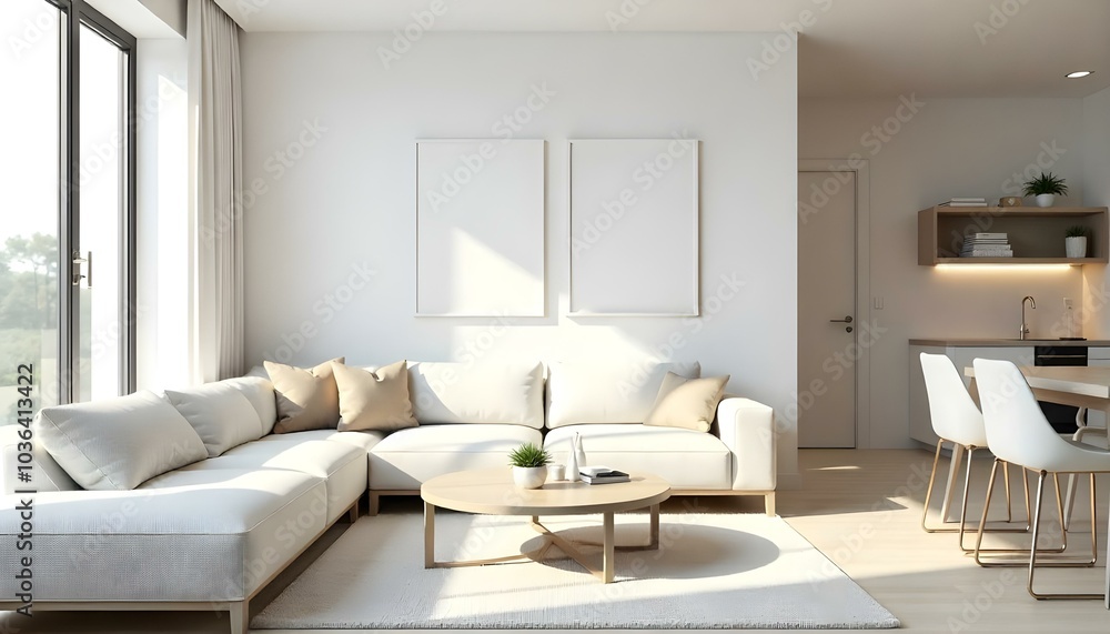Poster frame mock up in modern home living room interior with white sofa and coffee table with decor, 3d render Poster frame mock up in modern home living room interior with white sofa and coffee table with decor, 3d render